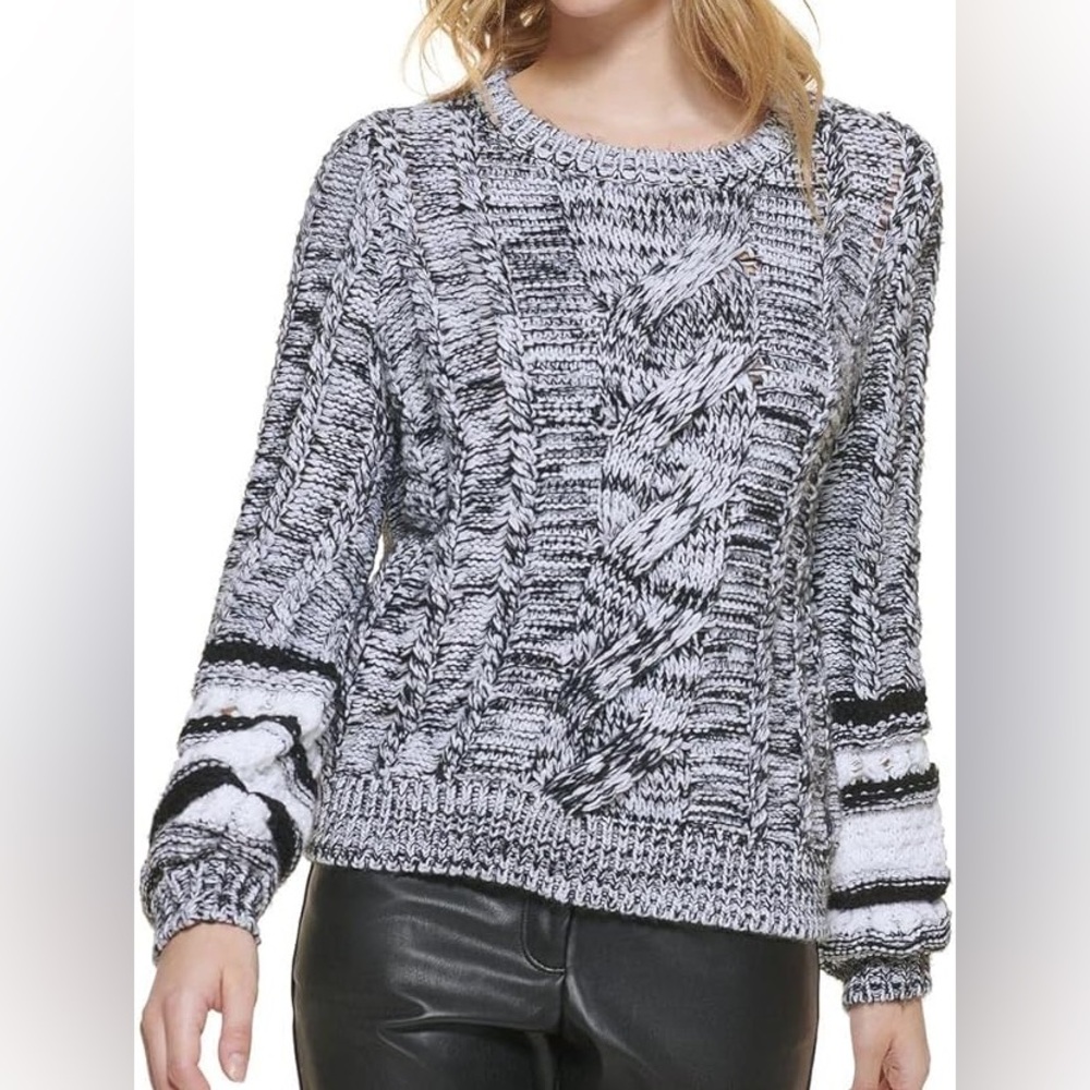 Karl Lagerfeld Paris Womens Cable Knit Balloon Sleeve  Pullover Sweater Size L